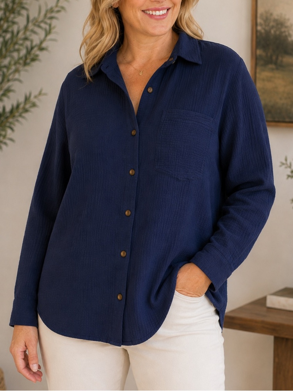 100% Cotton Gauze Oversized Button Down Navy Blue Shirt Top Size Medium Aisew